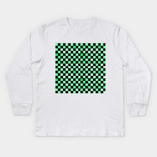 Black and Neon Green Checkered Wood Pattern Kids Long Sleeve T-Shirt
